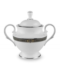 For nearly 150 years, Lenox has been renowned throughout the world as a premier designer and manufacturer of fine china. The Vintage Jewel pattern from Lenox's dinnerware and dishes collection evokes a more gracious era, combining pure white bone china with a dark, richly patterned band of muted gold, taupe, charcoal, and black, and accented with subtle touches of cobalt blue. For nearly 150 years, Lenox has been renowned throughout the world as a premier designer and manufacturer of fine china. The Vintage Jewel pattern from Lenox's dinnerware and dishes collection evokes a more gracious era, combining pure white bone china with a dark, richly patterned band of muted gold, taupe, charcoal, and black, and accented with subtle touches of cobalt blue.