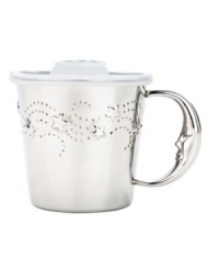 Your little one will be over the moon for Reed & Barton's Sweet Dreams baby cup, featuring a crescent handle and shooting stars in silver plate. With lid to prevent spills. Your little one will be over the moon for Reed & Barton's Sweet Dreams baby cup, featuring a crescent handle and shooting stars in silver plate. With lid to prevent spills.