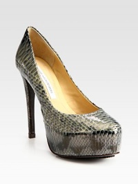 Wildly chic, snake-print leather pump has a towering heel and hidden platform. Self-covered heel, 5 (125mm)Hidden platform, 1 (25mm)Compares to a 4 heel (100mm)Snake-print leather upperLeather liningLeather and rubber solePadded insoleImported Wildly chic, snake-print leather pump has a towering heel and hidden platform. Self-covered heel, 5 (125mm)Hidden platform, 1 (25mm)Compares to a 4 heel (100mm)Snake-print leather upperLeather liningLeather and rubber solePadded insoleImported