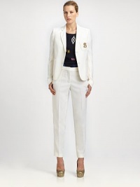 Crisply woven wool, impeccably tailored in a timeless, slim-leg silhouette.Self waistbandZip flySide slash pocketsBack welt pocketsInseam, about 28WoolDry cleanMade in Italy of imported fabricModel shown is 5'11 (180cm) wearing US size 4. Additional Information Women's Premier Designer & Contemporary Size Guide Crisply woven wool, impeccably tailored in a timeless, slim-leg silhouette.Self waistbandZip flySide slash pocketsBack welt pocketsInseam, about 28WoolDry cleanMade in Italy of imported fabricModel shown is 5'11 (180cm) wearing US size 4. Additional Information Women's Premier Designer & Contemporary Size Guide