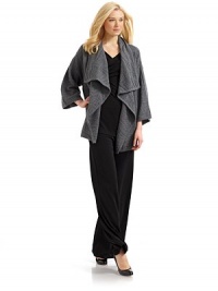 THE LOOKBasket-weave inspired patternWide shawl collarDraped open front¾ kimono sleevesTHE FITAbout 32½ from shoulder to hemTHE MATERIALMerino woolCARE & ORIGINDry cleanImportedModel shown is 5'11 (180cm) wearing US size Snmall. 