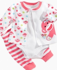 No monkeying around here. She'll have sweet style and lots of comfort with this bodysuit, pant and jacket 3-piece set from Baby Starters. No monkeying around here. She'll have sweet style and lots of comfort with this bodysuit, pant and jacket 3-piece set from Baby Starters.