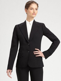 This menswear-inspired blazer features sculptural peaked lapels and multiple flap pockets.Peaked lapels with buttonhole detailWelt breast pocketButton closuresFlap pocketsButton cuffsSilk liningAbout 27 from shoulder to hem98% wool/2% elastaneDry cleanMade in Italy of imported fabricModel shown is 5'9½ (176cm) wearing US size 4. This menswear-inspired blazer features sculptural peaked lapels and multiple flap pockets.Peaked lapels with buttonhole detailWelt breast pocketButton closuresFlap pocketsButton cuffsSilk liningAbout 27 from shoulder to hem98% wool/2% elastaneDry cleanMade in Italy of imported fabricModel shown is 5'9½ (176cm) wearing US size 4.