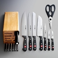For nearly two centuries, Wüsthof has been crafting exceptionally strong, sharp and balanced cutlery. Forged in Germany from one piece of steel, each Wüsthof knife boasts superlative precision. Indispensable for cooking enthusiasts, this 16-piece set includes a 2.5 paring knife, 3 paring knife, 4.5 utility knife, 8 bread knife, 8 cook's knife, 8 carving knife, 7 santoku, (6) 4.5 steak knives, 9 sharpening steel, kitchen shears and a 17-slot block. For nearly two centuries, Wüsthof has been crafting exceptionally strong, sharp and balanced cutlery. Forged in Germany from one piece of steel, each Wüsthof knife boasts superlative precision. Indispensable for cooking enthusiasts, this 16-piece set includes a 2.5 paring knife, 3 paring knife, 4.5 utility knife, 8 bread knife, 8 cook's knife, 8 carving knife, 7 santoku, (6) 4.5 steak knives, 9 sharpening steel, kitchen shears and a 17-slot block.