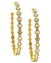 Fashion with an edge. Vince Camuto's open hoop earrings are crafted from gold-tone mixed metal with glass crystal accents on a jagged silhouette. The earrings feature a post with friction back closure. Approximate drop: 2 inches. Fashion with an edge. Vince Camuto's open hoop earrings are crafted from gold-tone mixed metal with glass crystal accents on a jagged silhouette. The earrings feature a post with friction back closure. Approximate drop: 2 inches.