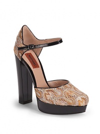 THE LOOKMetallic jacquard fabric upperOval toeAdjustable patent leather ankle strapPadded insolePatent leather-covered chunky heel, 5 (125mm)Patent leather-covered platform, 1 (25mm)Compares to a 4 heel (100mm)THE MATERIALSignature bold patterned fabric upperLeather liningLeather soleORIGINMade in Italy THE LOOKMetallic jacquard fabric upperOval toeAdjustable patent leather ankle strapPadded insolePatent leather-covered chunky heel, 5 (125mm)Patent leather-covered platform, 1 (25mm)Compares to a 4 heel (100mm)THE MATERIALSignature bold patterned fabric upperLeather liningLeather soleORIGINMade in Italy