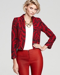 A chicly-cropped Alice + Olivia blazer marches into fall in this iconic color duo and a fresh geometric print. A chicly-cropped Alice + Olivia blazer marches into fall in this iconic color duo and a fresh geometric print.