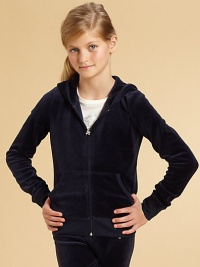 A little bling goes a long way on this velvety hoodie with a rhinestone Juicy Couture logo on the back.Attached hoodZip front closureLong sleeves with cuffsSplit kangaroo pocketsLogo detail on back39% polyamide/33% wool/14% modal/12% viscose/2% alpacaMachine washMade in USA A little bling goes a long way on this velvety hoodie with a rhinestone Juicy Couture logo on the back.Attached hoodZip front closureLong sleeves with cuffsSplit kangaroo pocketsLogo detail on back39% polyamide/33% wool/14% modal/12% viscose/2% alpacaMachine washMade in USA