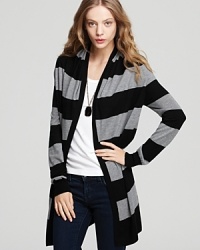 Layer up and go long for fall in this soft knit cardigan, striped in neutral hues for extra versatility. Layer up and go long for fall in this soft knit cardigan, striped in neutral hues for extra versatility.
