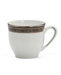 The Vintage Jewel pattern from Lenox's dinnerware and dishes collection evokes a more gracious era, combining white bone china with a dark, richly patterned band accented with subtle touches of cobalt blue. The Vintage Jewel pattern from Lenox's dinnerware and dishes collection evokes a more gracious era, combining white bone china with a dark, richly patterned band accented with subtle touches of cobalt blue.