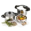 This 5-piece pressure cooker set features classic European styling, an advanced triple safety system and the ultimate in kitchen versatility. The 4- and 6-quart nesting pots can be used as either pressure cookers or as stockpots. Comes with pressure cooker lid, tempered-glass lid and steamer basket/grater. Manufacturer's 10-year warranty.