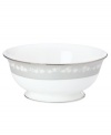 To entertain with grace and style look no further than this Bellina serving bowl from Lenox's dinnerware and dishes collection. Elegant bone china with a delicate floral design and textured white beads is finished with platinum trim. Serving bowl shown back.