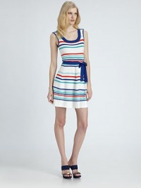 Sporty stripes and a soft waist sash define this soft knit design.Banded scoopneckSleevelessSelf waist sashAbout 20 from natural waist78% rayon/22% nylonDry cleanImportedModel shown is 5'10 (177cm) wearing US size Small. Sporty stripes and a soft waist sash define this soft knit design.Banded scoopneckSleevelessSelf waist sashAbout 20 from natural waist78% rayon/22% nylonDry cleanImportedModel shown is 5'10 (177cm) wearing US size Small.