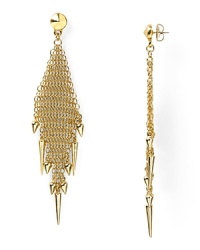 Indulge in decadently dark glamor with this pair of diamond-shaped earrings from Made Her Think, crafted of gold plate and accented by dangling spikes. Indulge in decadently dark glamor with this pair of diamond-shaped earrings from Made Her Think, crafted of gold plate and accented by dangling spikes.
