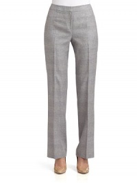 THE LOOKTweed designBanded waist with button and hook closureFront zip closureTrouser silhouetteBack dartsTHE FITRise, about 10Inseam, about 32THE MATERIAL46% linen/22% virgin wool/16% viscose/14% polyester/2% lycraCARE & ORIGINDry cleanImportedModel shown is 5'10 (177cm) wearing US size 4. THE LOOKTweed designBanded waist with button and hook closureFront zip closureTrouser silhouetteBack dartsTHE FITRise, about 10Inseam, about 32THE MATERIAL46% linen/22% virgin wool/16% viscose/14% polyester/2% lycraCARE & ORIGINDry cleanImportedModel shown is 5'10 (177cm) wearing US size 4.