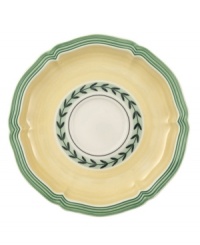 The Fleurence tea saucer has a summer fruit pattern on a pale yellow background. In dishwasher- and microwave-safe porcelain. From the Villeroy & Boch dinnerware and dishes collection. The Fleurence tea saucer has a summer fruit pattern on a pale yellow background. In dishwasher- and microwave-safe porcelain. From the Villeroy & Boch dinnerware and dishes collection.