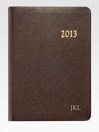 The ideal social agenda, featuring month-at-a-view and week-at-a-view pages, daily note pages plus maps, travel and holiday information.Hand-crafted, Smyth-sewn goatskin leather coverGilt-edged acid-free creamy white paperAbout 5½W X 7½HMade in USA The ideal social agenda, featuring month-at-a-view and week-at-a-view pages, daily note pages plus maps, travel and holiday information.Hand-crafted, Smyth-sewn goatskin leather coverGilt-edged acid-free creamy white paperAbout 5½W X 7½HMade in USA