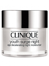 Youth Surge Night Age Decelerating Night Moisturizer. Building on Sirtuin technology, Clinique science uses youth-extending agents to create a nightly moisturizer that helps intensify the nightly cycle of natural repair. Plumped with natural collagen, lines and wrinkles appear to evaporate. Skin gains that energized 8-hour effect come morning.For Very Dry to Dry Skins 1.7 oz. Youth Surge Night Age Decelerating Night Moisturizer. Building on Sirtuin technology, Clinique science uses youth-extending agents to create a nightly moisturizer that helps intensify the nightly cycle of natural repair. Plumped with natural collagen, lines and wrinkles appear to evaporate. Skin gains that energized 8-hour effect come morning.For Very Dry to Dry Skins 1.7 oz.