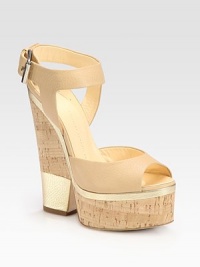Secured by an adjustable ankle strap, this soft leather look has a chunky cork and metallic leather heel. Cork and metallic leather heel, 6 (150mm)Cork platform, 2 (50mm)Compares to a 4 heel (100mm)Leather and metallic leather upperLeather liningBuffed leather and rubber solePadded insoleMade in Italy Secured by an adjustable ankle strap, this soft leather look has a chunky cork and metallic leather heel. Cork and metallic leather heel, 6 (150mm)Cork platform, 2 (50mm)Compares to a 4 heel (100mm)Leather and metallic leather upperLeather liningBuffed leather and rubber solePadded insoleMade in Italy