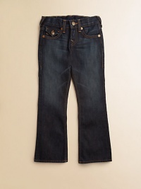 Dark wash denim with subtle whiskering, decorative contrast stitching with snake eyes pocket detail and slight fading on the thighs in a classic bootcut silhouette.Front snap closureAdjustable waistband with belt loopsZip flyFive-pocket styleCottonMachine washImported Dark wash denim with subtle whiskering, decorative contrast stitching with snake eyes pocket detail and slight fading on the thighs in a classic bootcut silhouette.Front snap closureAdjustable waistband with belt loopsZip flyFive-pocket styleCottonMachine washImported