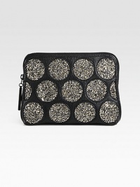 Crystal-encrusted polka dots add a hint of whimsy to this small leather pouch. Top zip closureFully lined7W X 6H X 2DImported Crystal-encrusted polka dots add a hint of whimsy to this small leather pouch. Top zip closureFully lined7W X 6H X 2DImported