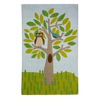 A wide-eyed owl perches on a leafy tree in shades of soft blue, green, brown and grey.