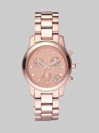 The warm glow of a rose goldtone finish distinguishes this understated stainless steel chronograph with a link bracelet.Quartz movement Water-resistant to 10ATM Polished bezel Round stainless steel case with rose goldtone finish, 33mm (1.3) Rose goldtone dial with Arabic 12:00 and bar hour markers Three chronograph sub dials Date display at 4 o'clock Second hand Stainless steel link bracelet with rose goldtone finish Imported The warm glow of a rose goldtone finish distinguishes this understated stainless steel chronograph with a link bracelet.Quartz movement Water-resistant to 10ATM Polished bezel Round stainless steel case with rose goldtone finish, 33mm (1.3) Rose goldtone dial with Arabic 12:00 and bar hour markers Three chronograph sub dials Date display at 4 o'clock Second hand Stainless steel link bracelet with rose goldtone finish Imported
