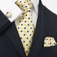 Landisun 555 Yellows Black Polka Dots Mens Silk Tie Set: Tie+Hanky+Cufflinks Landisun 555 Yellows Black Polka Dots Mens Silk Tie Set: Tie+Hanky+Cufflinks