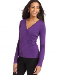 The basic long-sleeve top gets revamped by Charter Club with a flattering faux wrap design and a rich hue. The basic long-sleeve top gets revamped by Charter Club with a flattering faux wrap design and a rich hue.