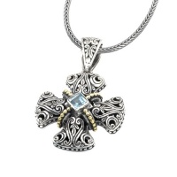 925 Silver & Blue Topaz Pattee Design Celtic Cross Pendant with 18k Gold Accents 925 Silver & Blue Topaz Pattee Design Celtic Cross Pendant with 18k Gold Accents