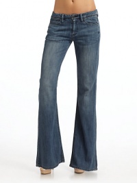 THE LOOKLightweight medium wash blue denimNarrow waistband with belt loops and logo button closureFront zipperFive-pocket styleBell bottomsMetal logo detail at one back pocketTHE FITRise, about 8Inseam, about 33THE MATERIALCottonCARE & ORIGINMachine washImported THE LOOKLightweight medium wash blue denimNarrow waistband with belt loops and logo button closureFront zipperFive-pocket styleBell bottomsMetal logo detail at one back pocketTHE FITRise, about 8Inseam, about 33THE MATERIALCottonCARE & ORIGINMachine washImported