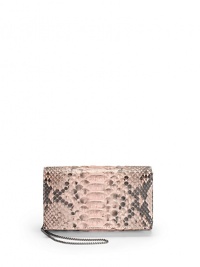 THE LOOKTuck-away shoulder chainTwo-tone pythonCompact rectangular shapeMagnetic snap flap closureInside logo detailTHE MEASUREMENTShoulder chain, 15 drop6½W X 4H X 2DTHE MATERIALPythonLeather and printed fabric liningORIGINMade in USA THE LOOKTuck-away shoulder chainTwo-tone pythonCompact rectangular shapeMagnetic snap flap closureInside logo detailTHE MEASUREMENTShoulder chain, 15 drop6½W X 4H X 2DTHE MATERIALPythonLeather and printed fabric liningORIGINMade in USA