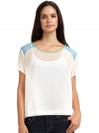 THE LOOKColorblock panelsSheer constructionTHE FITAbout 22 from shoulder to hemTHE MATERIALRayonCARE & ORIGINDry cleanMade in USAModel shown is 5'11 (180cm) wearing US size Small. Please note: Camisole sold separately. THE LOOKColorblock panelsSheer constructionTHE FITAbout 22 from shoulder to hemTHE MATERIALRayonCARE & ORIGINDry cleanMade in USAModel shown is 5'11 (180cm) wearing US size Small. Please note: Camisole sold separately.