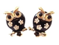 BLACK ENAMEL OWL GOLD- TONE SETTING BIRD BRANCH STUDS EARRINGS Aretes de Buho Negro BLACK ENAMEL OWL GOLD- TONE SETTING BIRD BRANCH STUDS EARRINGS Aretes de Buho Negro