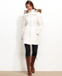 A satin-finish puffer coat from Laundry takes the edge of winter's chill! The micro-quilted inset gives feminine definition to your waist. A satin-finish puffer coat from Laundry takes the edge of winter's chill! The micro-quilted inset gives feminine definition to your waist.