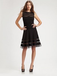Sheer open-weave bands add definition and intrigue to this flirty silhouette.BoatneckSleevelessPintucked bodiceFlared skirt with horsehair trimConcealed back zipAbout 26 from natural waist55% rayon/40% nylon/5% spandexDry cleanImportedModel shown is 5'10 (177cm) wearing US size Small.OUR FIT MODEL RECOMMENDS ordering true size. Sheer open-weave bands add definition and intrigue to this flirty silhouette.BoatneckSleevelessPintucked bodiceFlared skirt with horsehair trimConcealed back zipAbout 26 from natural waist55% rayon/40% nylon/5% spandexDry cleanImportedModel shown is 5'10 (177cm) wearing US size Small.OUR FIT MODEL RECOMMENDS ordering true size.