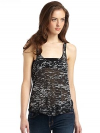THE LOOKSemi-sheer burnout designScoopneckSleevelessRacerbackTHE FITAbout 23 from shoulder to hemTHE MATERIALPolyester/cotton/rayonCARE & ORIGINMachine washMade in USAModel shown is 5'9 (175cm) wearing US size Small. THE LOOKSemi-sheer burnout designScoopneckSleevelessRacerbackTHE FITAbout 23 from shoulder to hemTHE MATERIALPolyester/cotton/rayonCARE & ORIGINMachine washMade in USAModel shown is 5'9 (175cm) wearing US size Small.