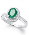 Make a sparkling impact with this pretty ring. Set in sterling silver, an oval-cut green agate (1-1/10 ct. t.w.) glows against a halo of round-cut diamonds (1/4 ct. t.w.). Size 7.