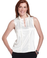 Tahari by ASL's blouse gets a feminine update with a ruffled collar. Tie it anyway you like, too! Tahari by ASL's blouse gets a feminine update with a ruffled collar. Tie it anyway you like, too!