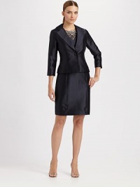 Polished tailoring, in a silk/wool blend with a beautiful sheen.Notched lapel collar Single button closure Three-quarter sleeves Fully lined About 18 from shoulder to hem 51% silk/49% wool Dry clean Imported Polished tailoring, in a silk/wool blend with a beautiful sheen.Notched lapel collar Single button closure Three-quarter sleeves Fully lined About 18 from shoulder to hem 51% silk/49% wool Dry clean Imported