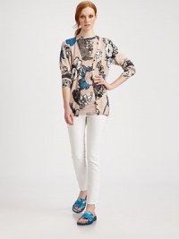 Finespun silk/cashmere knit in a classic button-front silhouette, patterned with a dynamic floral print.V necklineButton frontLong sleevesRib-knit cuffs and hemAbout 26 from shoulder to hem85% silk/15% cashmereDry cleanMade in Italy of imported fabricModel shown is 5'10 (177cm) wearing US size Small. Finespun silk/cashmere knit in a classic button-front silhouette, patterned with a dynamic floral print.V necklineButton frontLong sleevesRib-knit cuffs and hemAbout 26 from shoulder to hem85% silk/15% cashmereDry cleanMade in Italy of imported fabricModel shown is 5'10 (177cm) wearing US size Small.