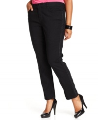 Snag an on-trend look with Style&co.'s embellished plus size skinny jeans, featuring tuxedo-styling-- they're must-haves! Snag an on-trend look with Style&co.'s embellished plus size skinny jeans, featuring tuxedo-styling-- they're must-haves!