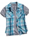 GUESS Kids Boys Big Boy Woven Knit Two-Fer Top, PLAID (12/14)