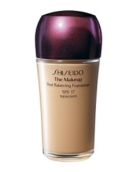 Shiseido The Makeup Dual Balance Foundation SPF 17. A long-lasting, oil-free liquid foundation that responds to skin's specific needs. Increases moisture in dry areas and minimizes shine for a semi-matte finish and medium coverage. Formulated with Optimal Balance Network, which includes the exclusive ingredient complex of Hyaluronic Acid, Hydro-Wrap Vitalizing DE Complex to promote ideal moisture levels in skin's dry areas. Contains Prismatic Nano-Powder to increase luminosity and conceal pores. Glides on smoothly and stays crease-free. Recommended for normal and combination skin. Shiseido The Makeup Dual Balance Foundation SPF 17. A long-lasting, oil-free liquid foundation that responds to skin's specific needs. Increases moisture in dry areas and minimizes shine for a semi-matte finish and medium coverage. Formulated with Optimal Balance Network, which includes the exclusive ingredient complex of Hyaluronic Acid, Hydro-Wrap Vitalizing DE Complex to promote ideal moisture levels in skin's dry areas. Contains Prismatic Nano-Powder to increase luminosity and conceal pores. Glides on smoothly and stays crease-free. Recommended for normal and combination skin.