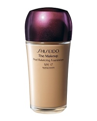 Shiseido The Makeup Dual Balance Foundation SPF 17. A long-lasting, oil-free liquid foundation that responds to skin's specific needs. Increases moisture in dry areas and minimizes shine for a semi-matte finish and medium coverage. Formulated with Optimal Balance Network, which includes the exclusive ingredient complex of Hyaluronic Acid, Hydro-Wrap Vitalizing DE Complex to promote ideal moisture levels in skin's dry areas. Contains Prismatic Nano-Powder to increase luminosity and conceal pores. Glides on smoothly and stays crease-free. Recommended for normal and combination skin.