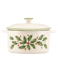 Part of the exquisite Holiday collection from Lenox, this two piece set of mini casserole dishes is a thoughtful gift for holiday hosts. Classic holly motif will bring festive cheer to all future celebrations. Part of the exquisite Holiday collection from Lenox, this two piece set of mini casserole dishes is a thoughtful gift for holiday hosts. Classic holly motif will bring festive cheer to all future celebrations.