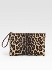 A compact shape of leopard-printed pony hair, finished with sleek metal studs and a leather wristlet strap. Studded leather wristlet strap, 7 dropTop zip closureOne inside zip pocketTwo inside open pocketsCotton lining14W X 9H X ½DMade in Italy A compact shape of leopard-printed pony hair, finished with sleek metal studs and a leather wristlet strap. Studded leather wristlet strap, 7 dropTop zip closureOne inside zip pocketTwo inside open pocketsCotton lining14W X 9H X ½DMade in Italy