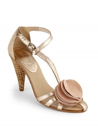THE LOOKSlim and strappy metallic leather upperAdjustable ankle strap with buckle closureSuede layered flower detail at vampTextured cone heel, 4 (100mm)THE MATERIALMetallic leather upperLeather lining and soleORIGINImported THE LOOKSlim and strappy metallic leather upperAdjustable ankle strap with buckle closureSuede layered flower detail at vampTextured cone heel, 4 (100mm)THE MATERIALMetallic leather upperLeather lining and soleORIGINImported