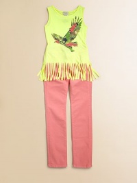 This electricfying knit takes a flight of fancy with a colorful bird print and fringe detail.ScoopneckSleevelessPullover styleFringed hem95% rayon/5% spandexHand washMade in the USA of imported fabric This electricfying knit takes a flight of fancy with a colorful bird print and fringe detail.ScoopneckSleevelessPullover styleFringed hem95% rayon/5% spandexHand washMade in the USA of imported fabric