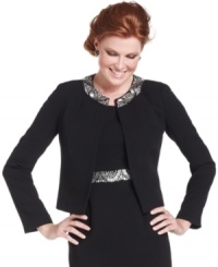 Sparkling beads and jeweled trim embellishes the neckline of Kasper's evening jacket. The tailored fit creates a sleek, elegant silhouette. Sparkling beads and jeweled trim embellishes the neckline of Kasper's evening jacket. The tailored fit creates a sleek, elegant silhouette.